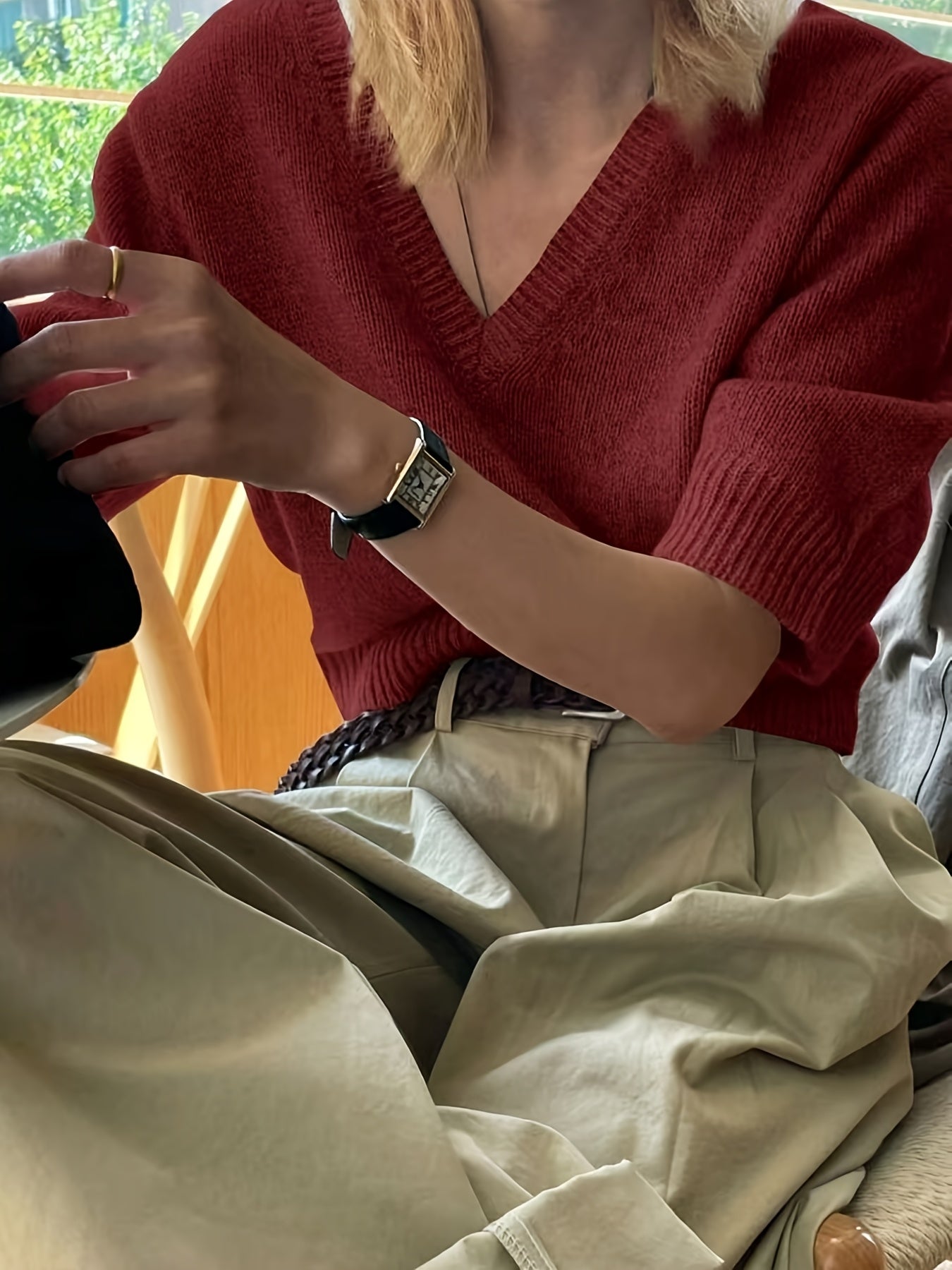 Women's Brown V-Neck Short Sleeve Knit Top High Stretch Jersey for Spring Summer