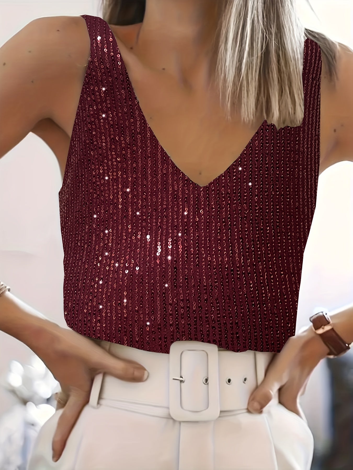 Топ для женщин больших размеров с пайетками и V-образным вырезом, ночная и вечерняя одежда