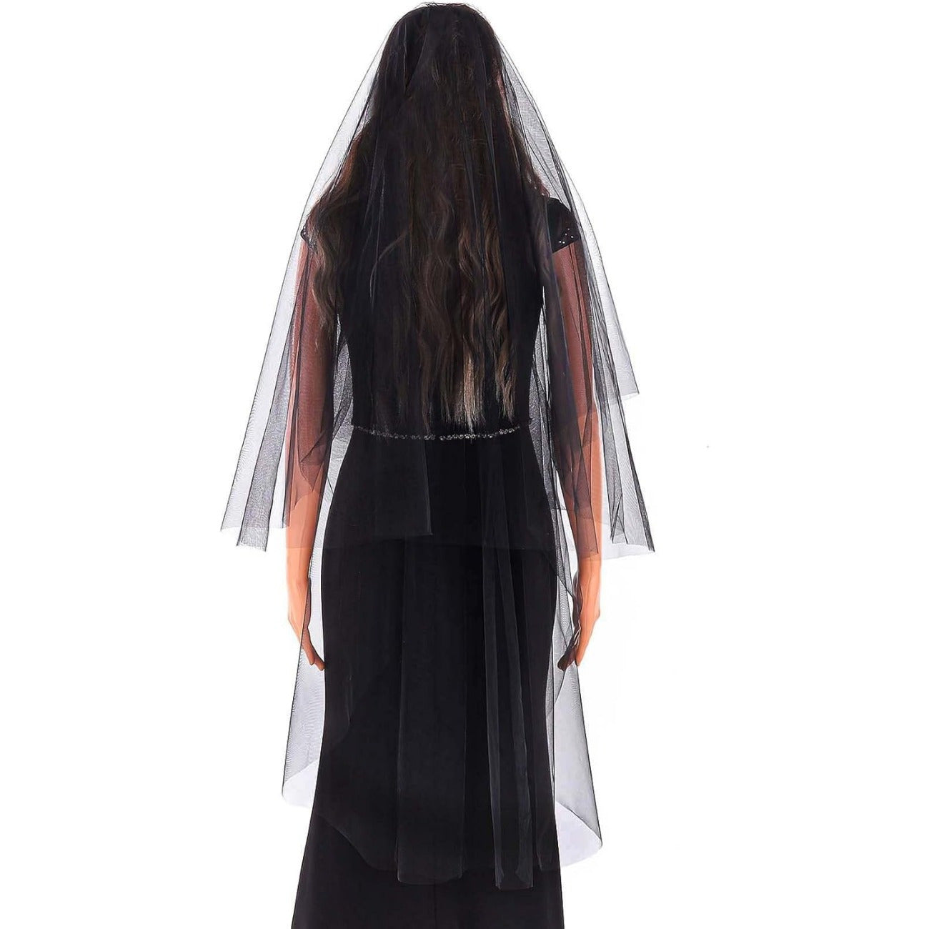 Black Lace Bridal Veil with Comb Fingertip and Long Length for Weddings and Occasions