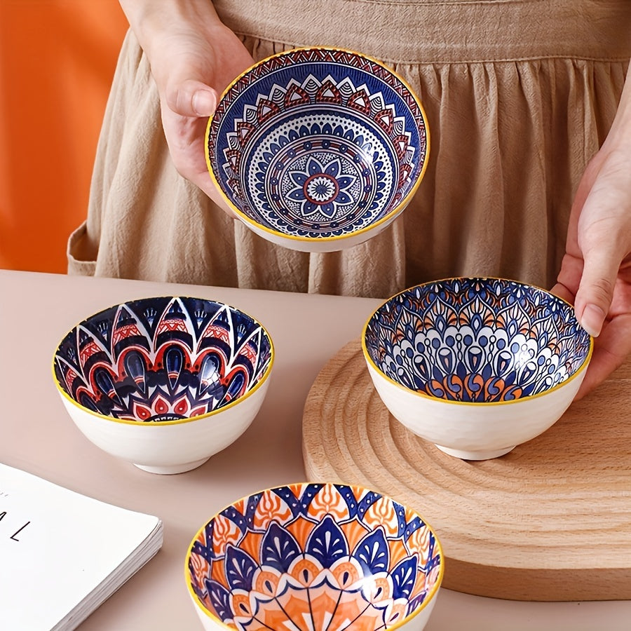 Handmade Ceramic Bowls Set with Vibrant Orange and Blue Mandala Design for Serving Cereal Ice Cream Pasta