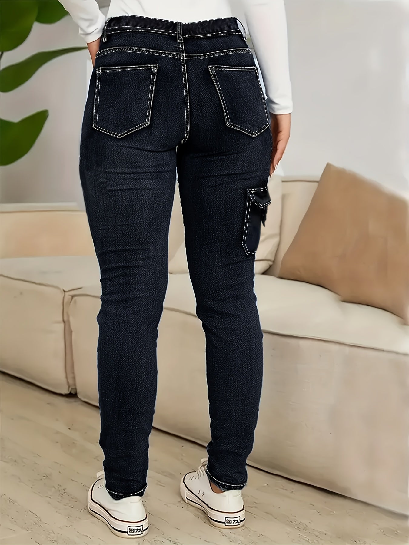 Women's Plus Size High-Waisted Skinny Jeans Dark Navy All-Season Stretch Casual Pants