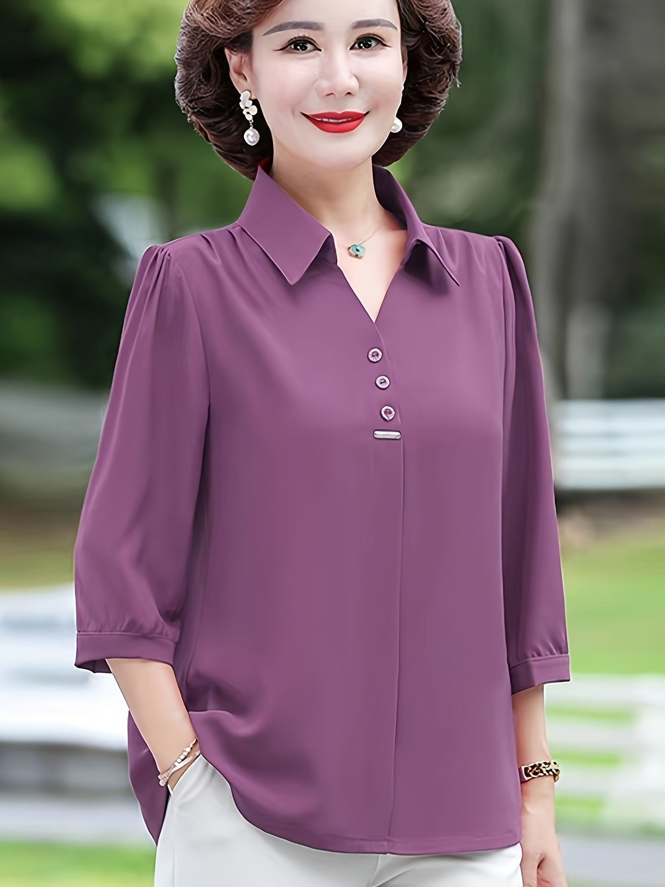 Women's Purple Chiffon Blouse with 3/4 Sleeves, Slim Fit, Decorative Buttons