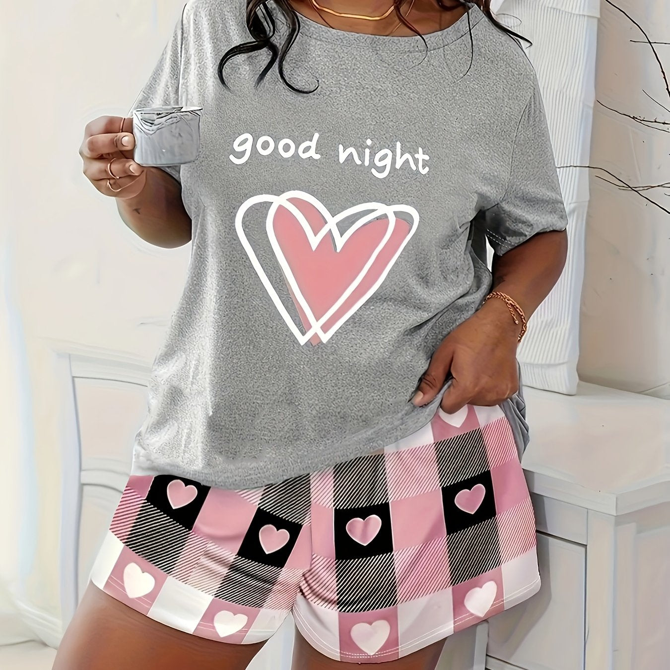 Plus Size Women's Pajama Set with Cartoon Heart and Leopard Print Knit Fabric All Season Grey