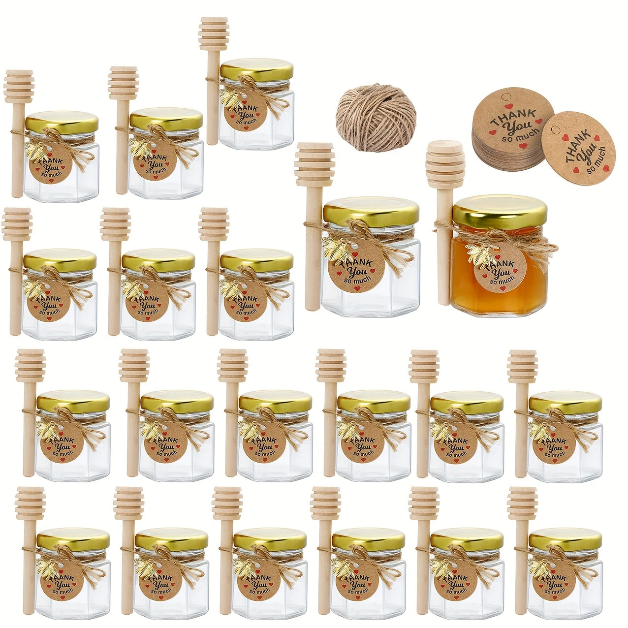 Small Hexagonal Glass Honey Jars 1.5 oz Sets of 20 30 50 or 60 with Spoons Bee Symbols and Thank You Cards