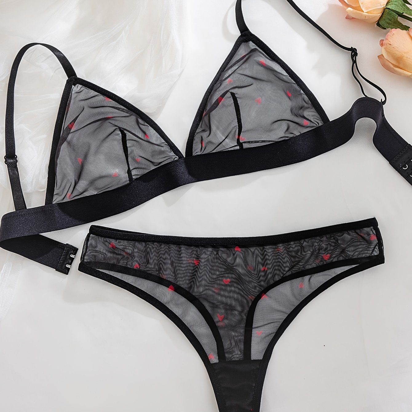 Black and Red Heart Mesh Lingerie Set Sheer Back Bra and Low-Rise Thong