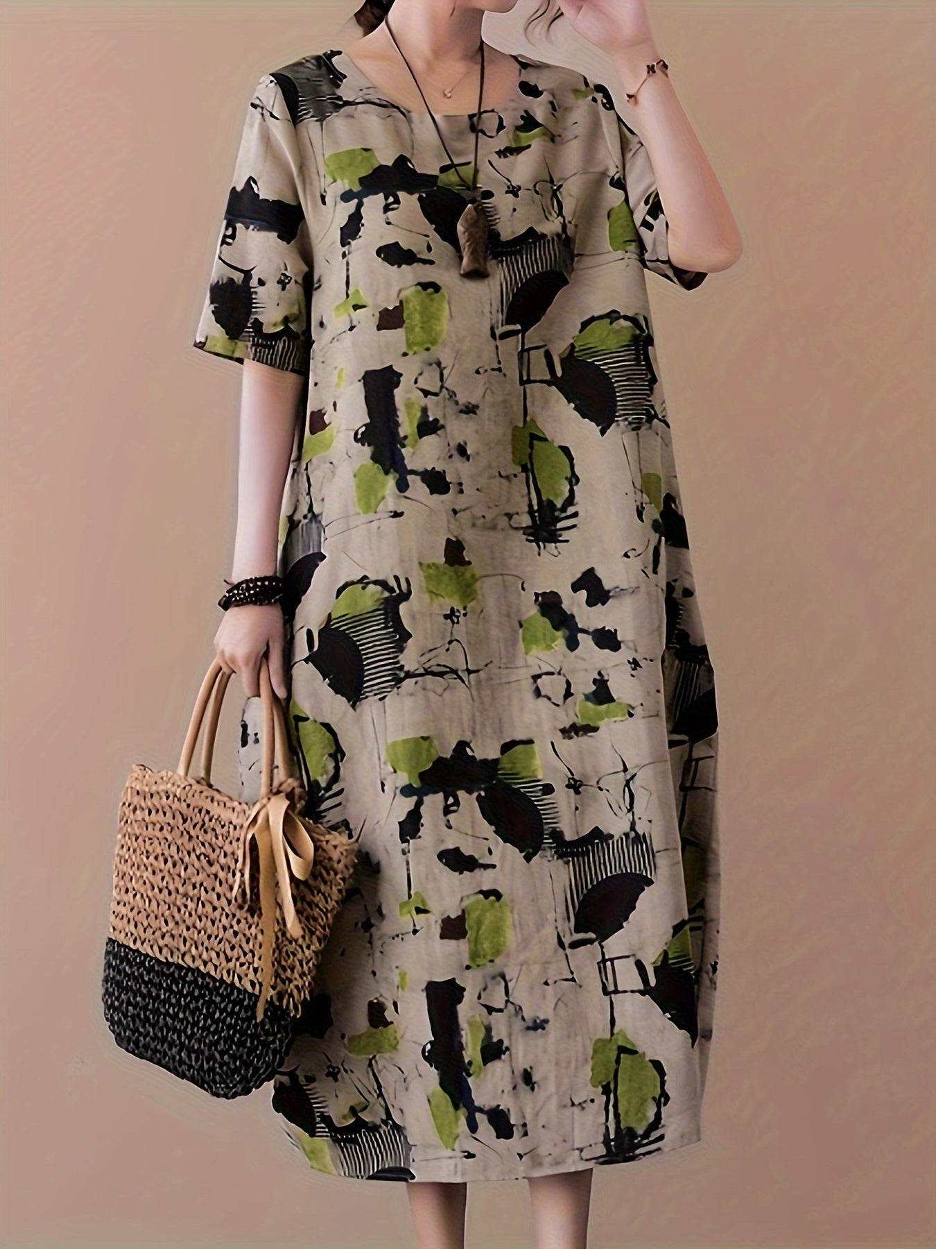 Elegant Linen Midi Dress with Abstract Print Short Sleeve Crew Neck for Spring Summer Fall