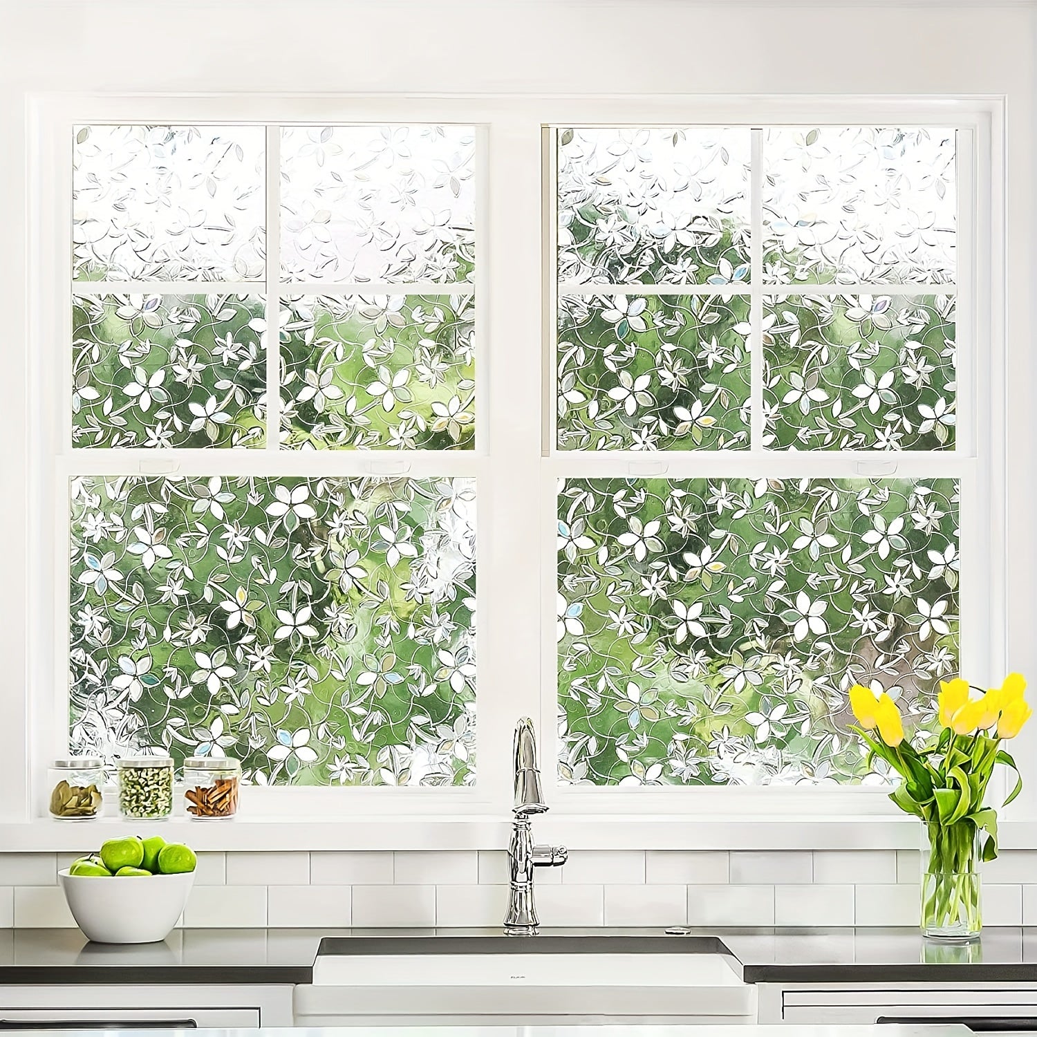 Floral Pattern Frosted PVC Window Film 9mil Static Cling Privacy Cover for Doors