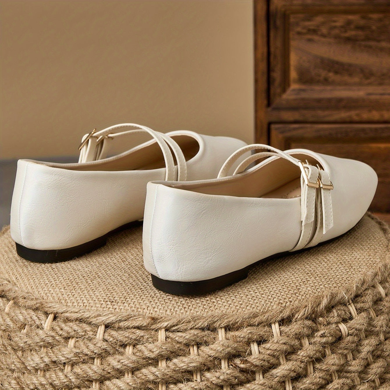 Women's White Slip-On Square Toe Flats with Metallic Buckle