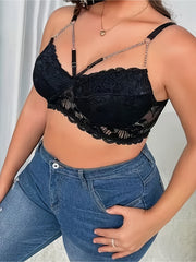 Women's Plus Size Floral Lace Cut Out Strappy Bra with Chain Detail