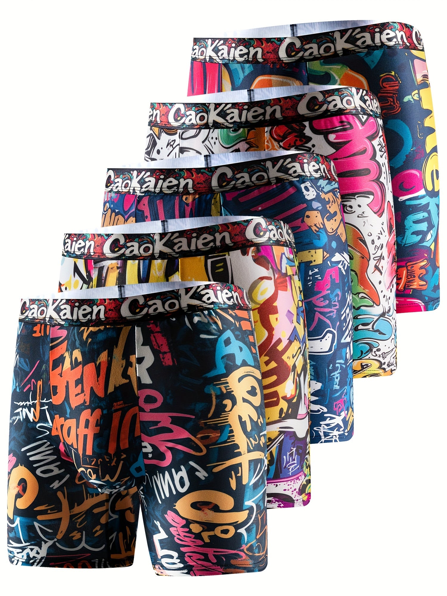 Men's Boxer Briefs 5 Pack Graffiti Style Geometric Pattern Polyester Blend Elastic Waist