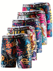 Men's Boxer Briefs 5 Pack Graffiti Style Geometric Pattern Polyester Blend Elastic Waist