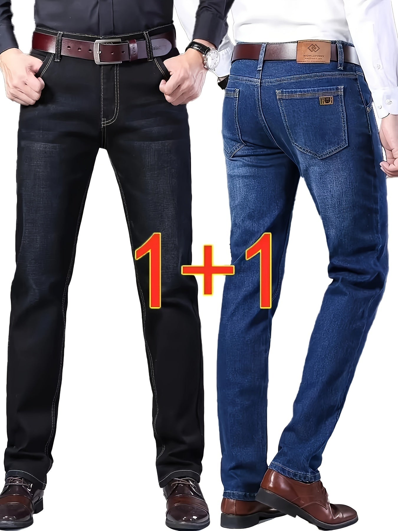 Men's Black Denim Trousers Set for Spring and Autumn Regular Fit All-Season