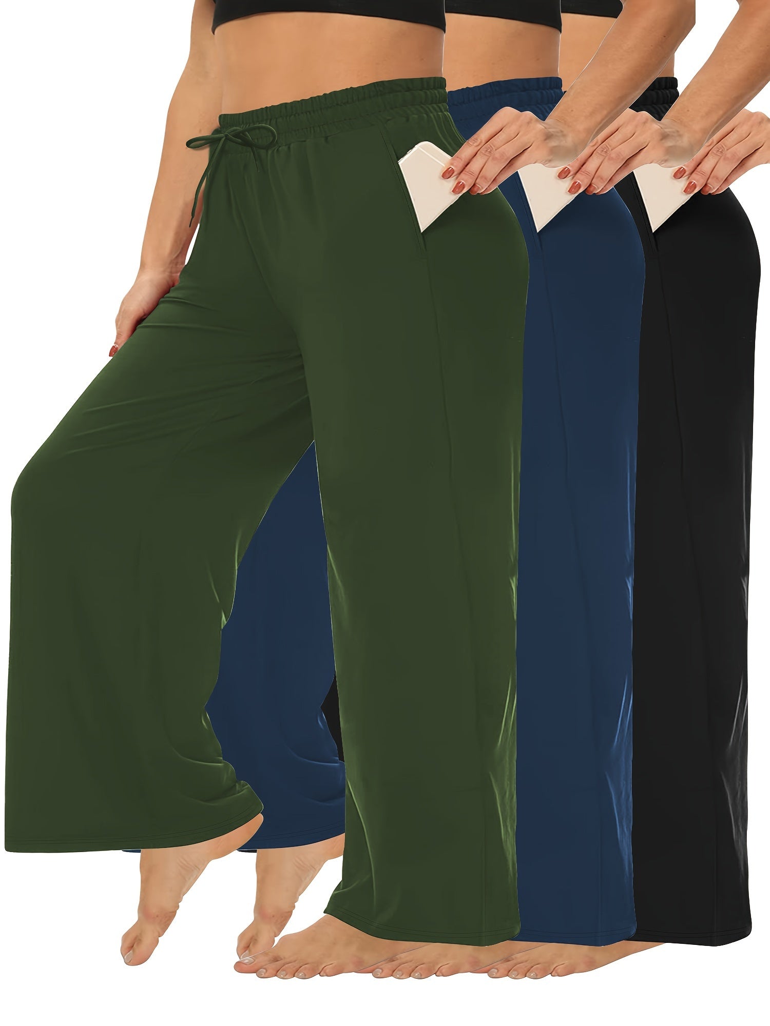 Pantalones de mujer de talla grande de pierna ancha, pack de 3, de tiro alto, elásticos y casual