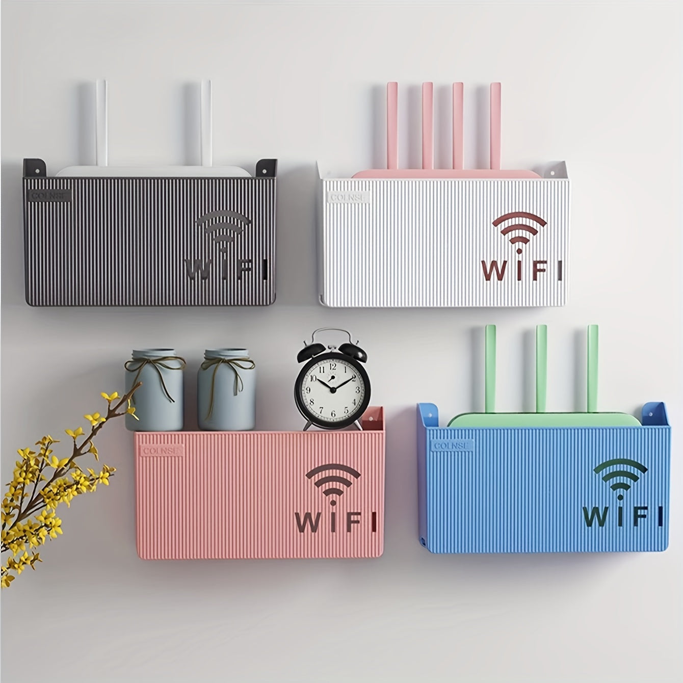 Estante de almacenamiento para pared sin taladro para router y caja de TV con ganchos útiles