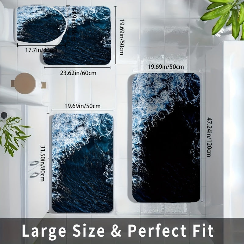 Juego de 4 alfombrillas de baño de terciopelo antideslizantes con patrones de hoja, flor, ola y madera, incluyendo alfombra y funda para inodoro