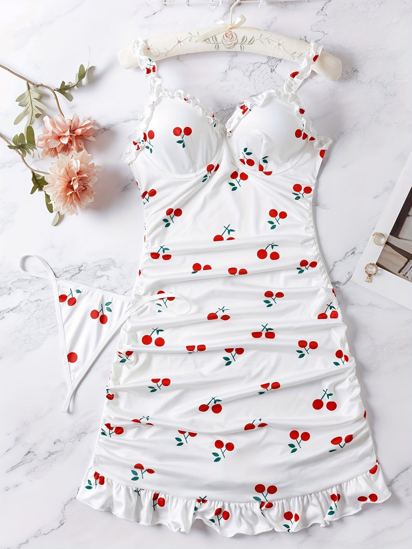 Women's Red Cherry Print Nightdress Set with Thong