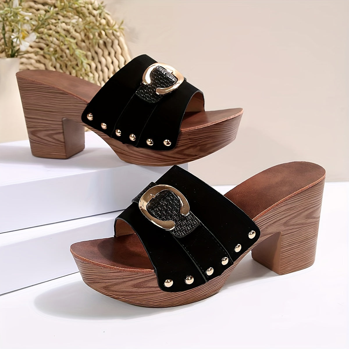 Women's Black Beige Rhinestone High-Heel Open-Toe Platform Sandals