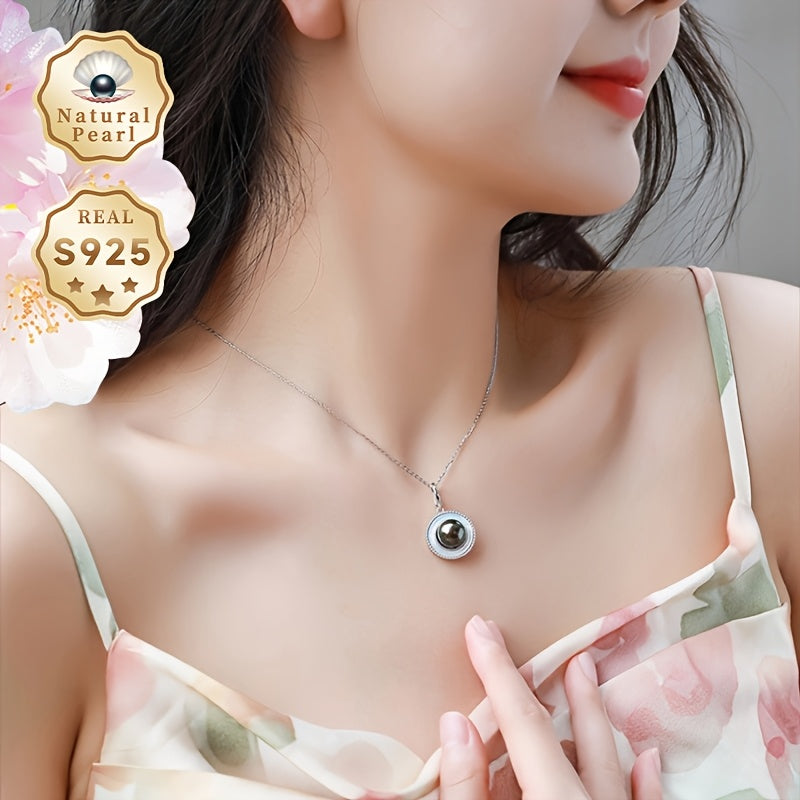 Elegante collar de plata 925 con perla negra tahitiana de 9-10 mm, piedra de nacimiento de junio, sin recubrimiento, para mujeres