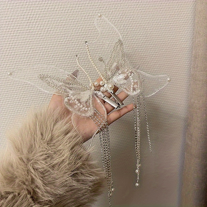 Women's Embroidered Butterfly Wing Hair Clips with Faux Pearl Tassel and Non-Slip Duck-Billed Clamp