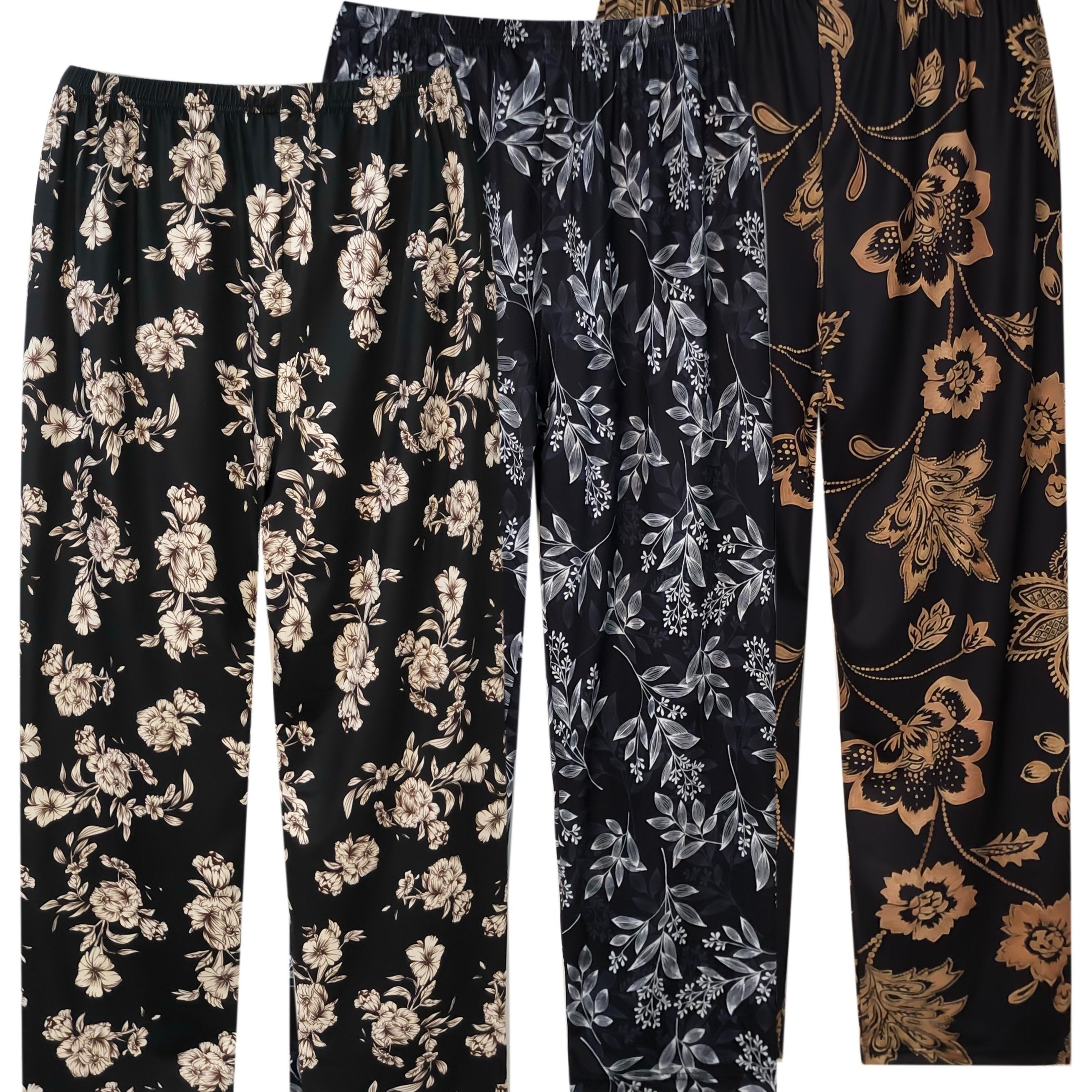 Women's Plus Size Floral Print Sleep Pants Elastic High Waist Casual All-Season