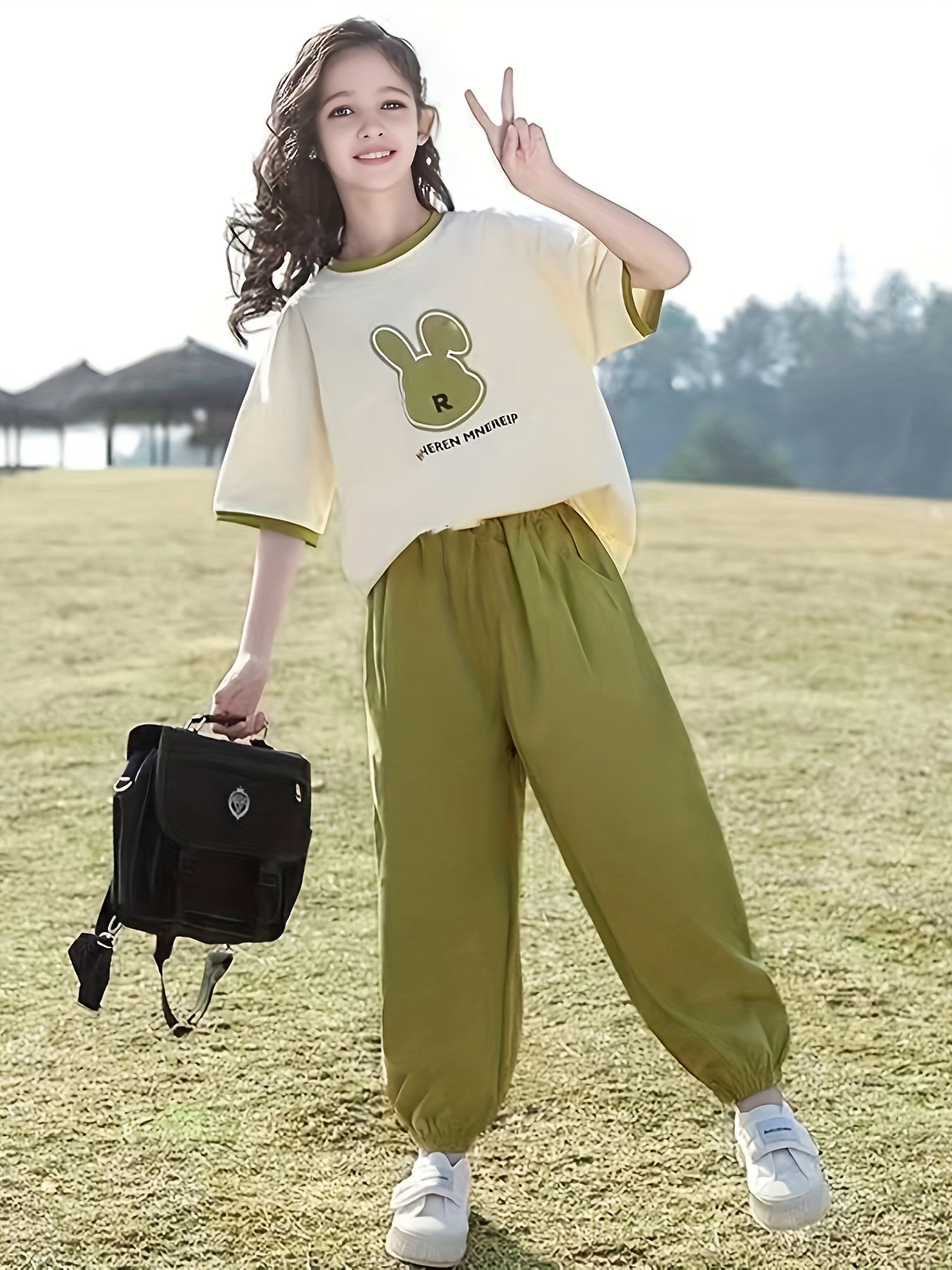 Girls Summer Short Sleeve Two-Piece Set Cotton Polyester Casual for Kids Medium Large