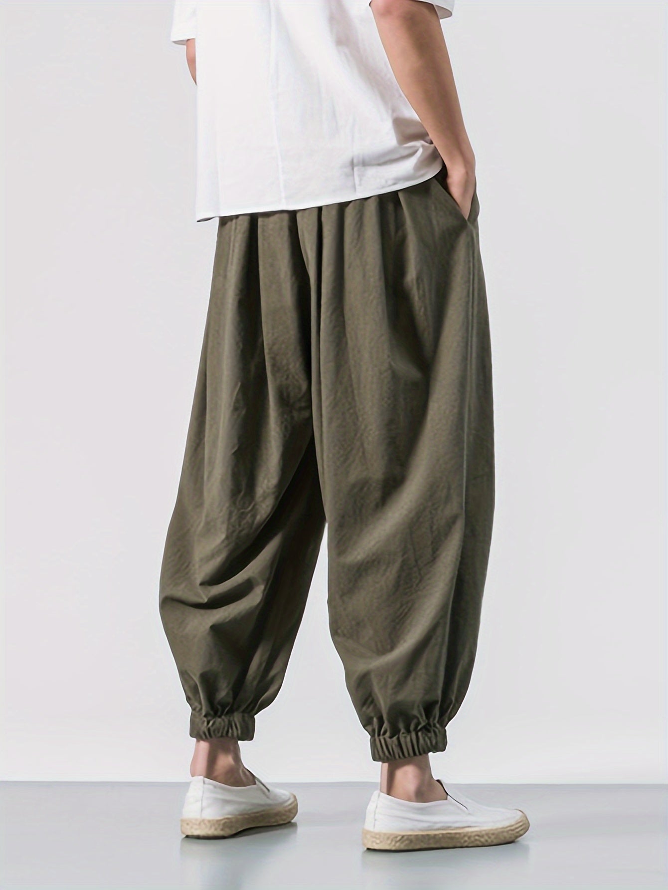 Men's Black Linen Cropped Pants with Drawstring Waist Pockets Breathable Casual Fit