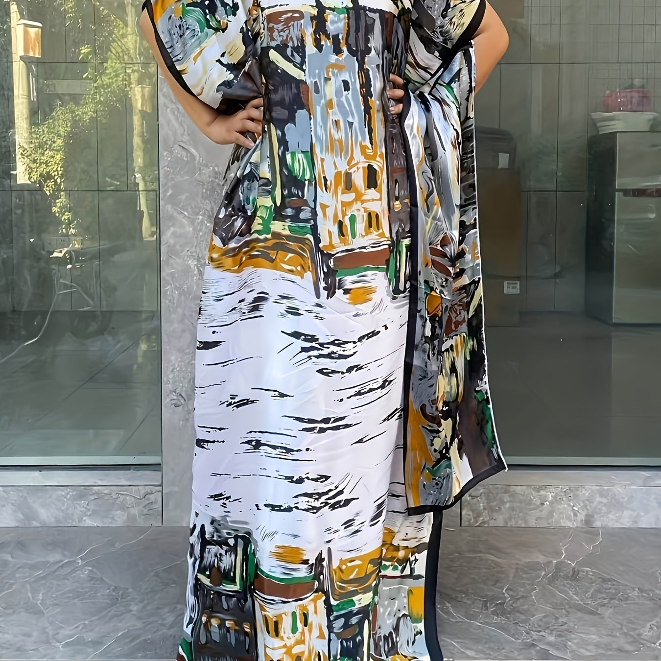 Women's Floral Print Batwing Sleeve Dress with Scarf All-Season Casual Elegance