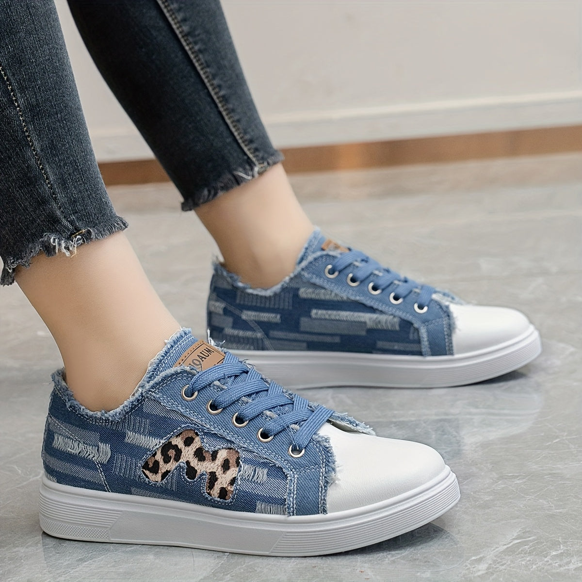 Women's Faux Denim Sneakers with Leopard Print, Breathable Fabric, All-Season Comfort