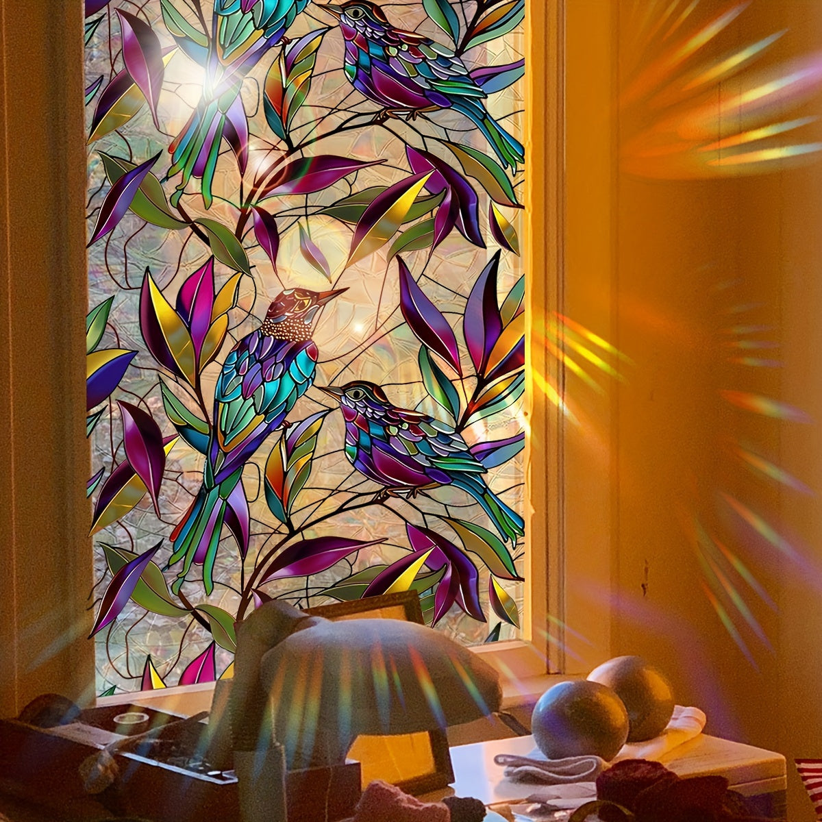 Colorful Bird and Plant Sunlight Window Decal 45.72cm x 99.06cm Reusable PVC