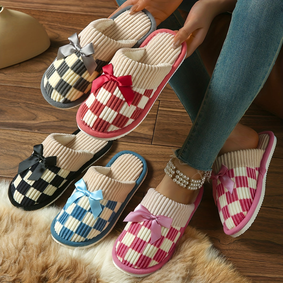 Unisex Plush Indoor Slip-On Slippers with Bow Accent Non-Slip EVA Sole