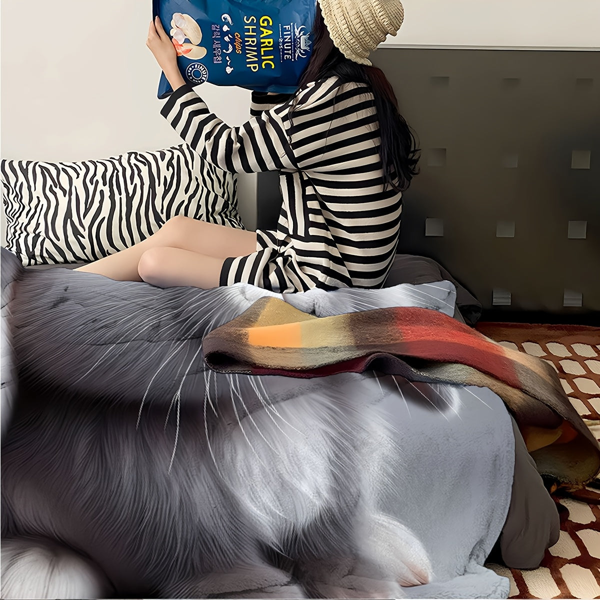 Gray Plush Rabbit Blanket Soft 3D Cartoon Cuddle Throw for Couch Bed Car