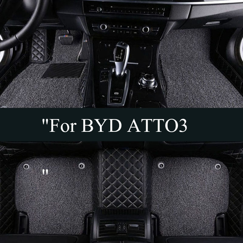 Universal Car Floor Mats and Trunk Pads Black PU Leather Double Layer Set
