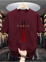 Men's Cotton Short Sleeve Crew Neck T-Shirt with Paris Print for Summer Outdoor Activities