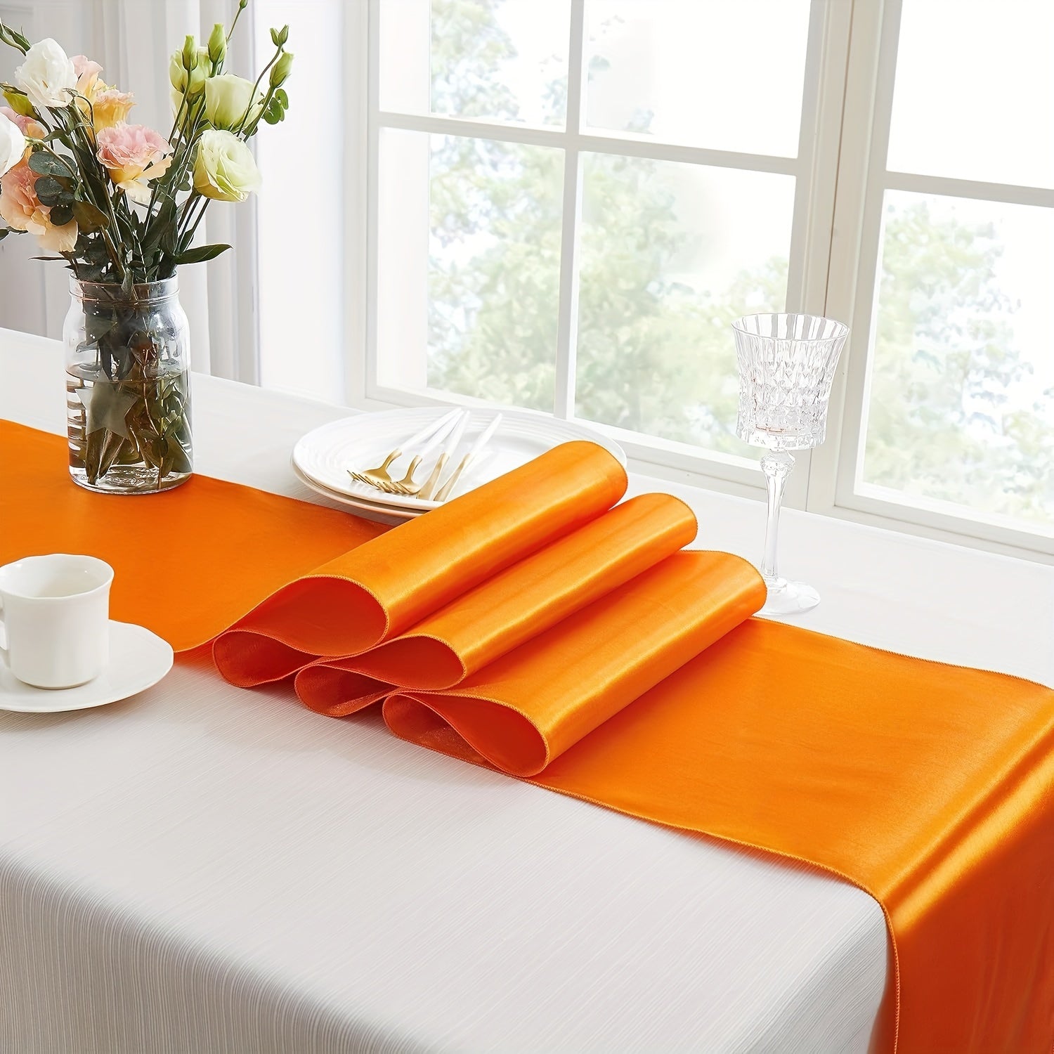 Polyester Satin Table Runner in Vibrant Orange for Weddings and Events