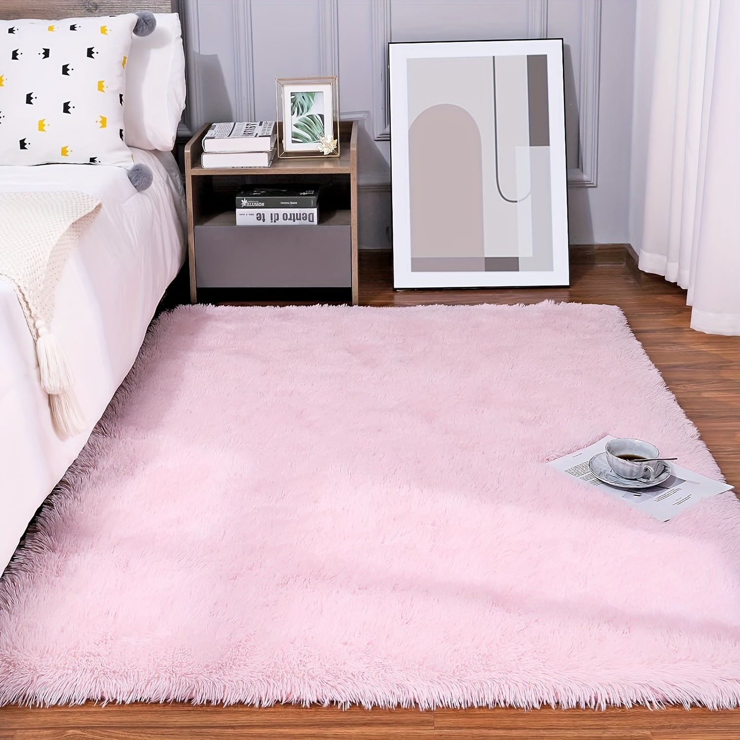Pink Plush Area Rug Soft Warm Non-Slip Durable Bedroom Living Room Decoration