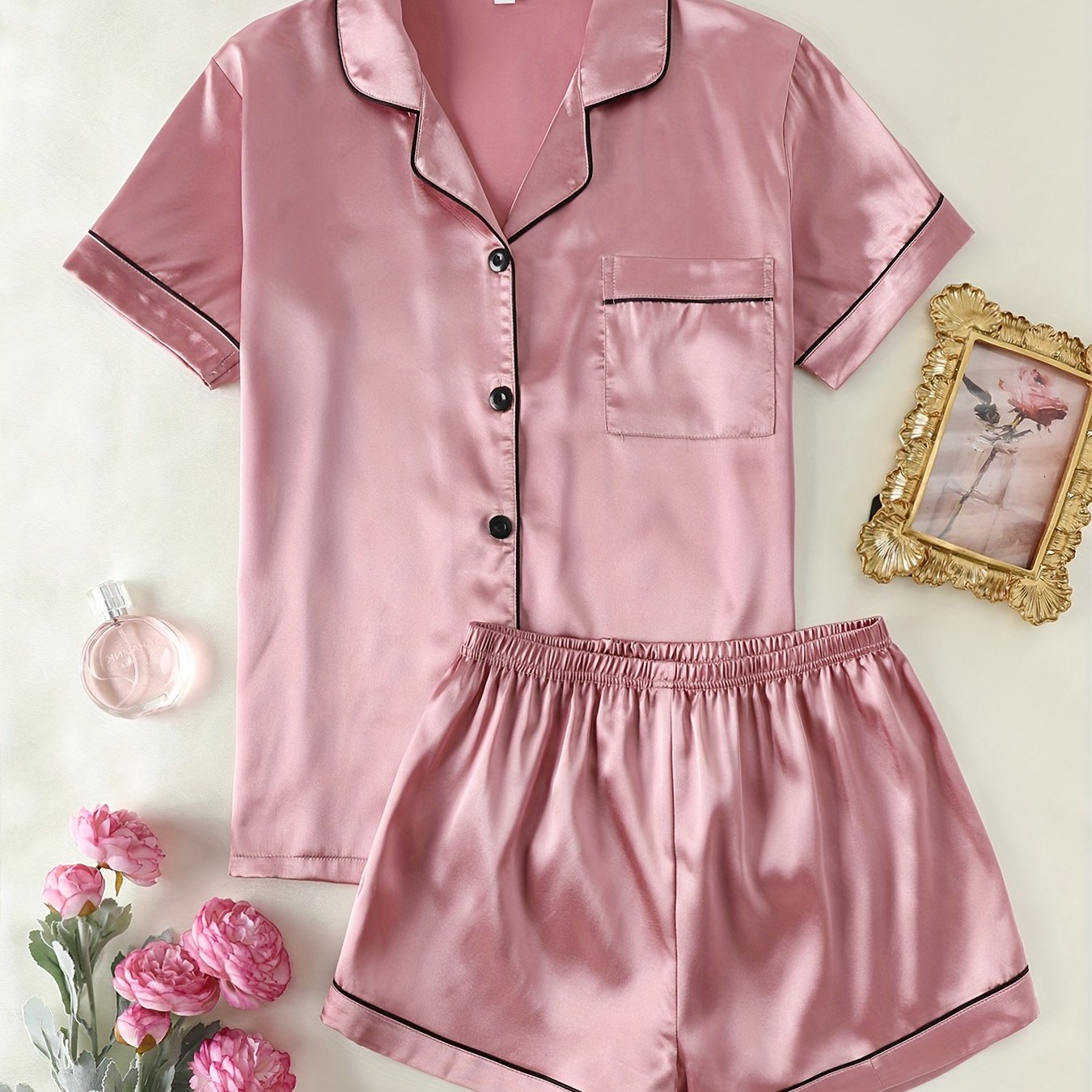 Women's Satin Lounge Set Short Sleeve Button-Up Top with Lapel Collar and Elastic Shorts