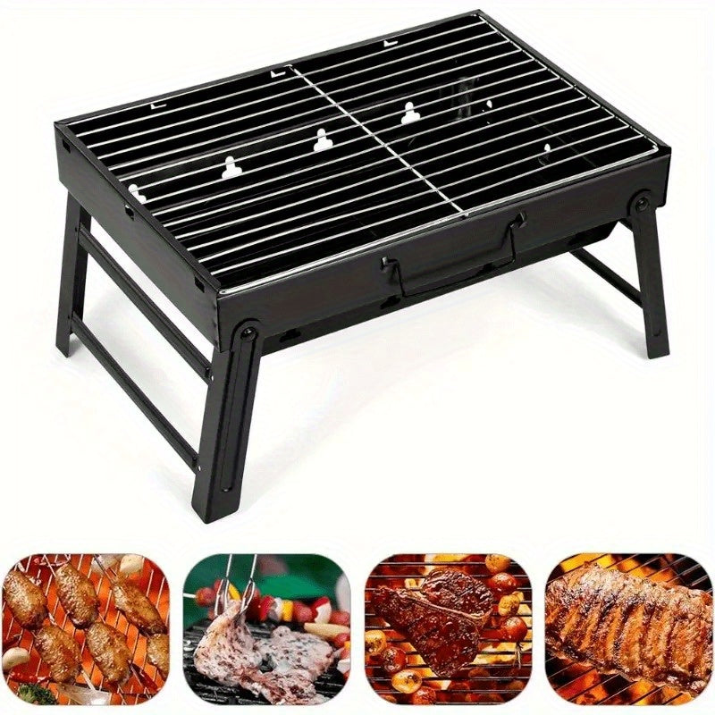 Portable black iron grill with adjustable lid for outdoor cooking picnics tailgating barbecues