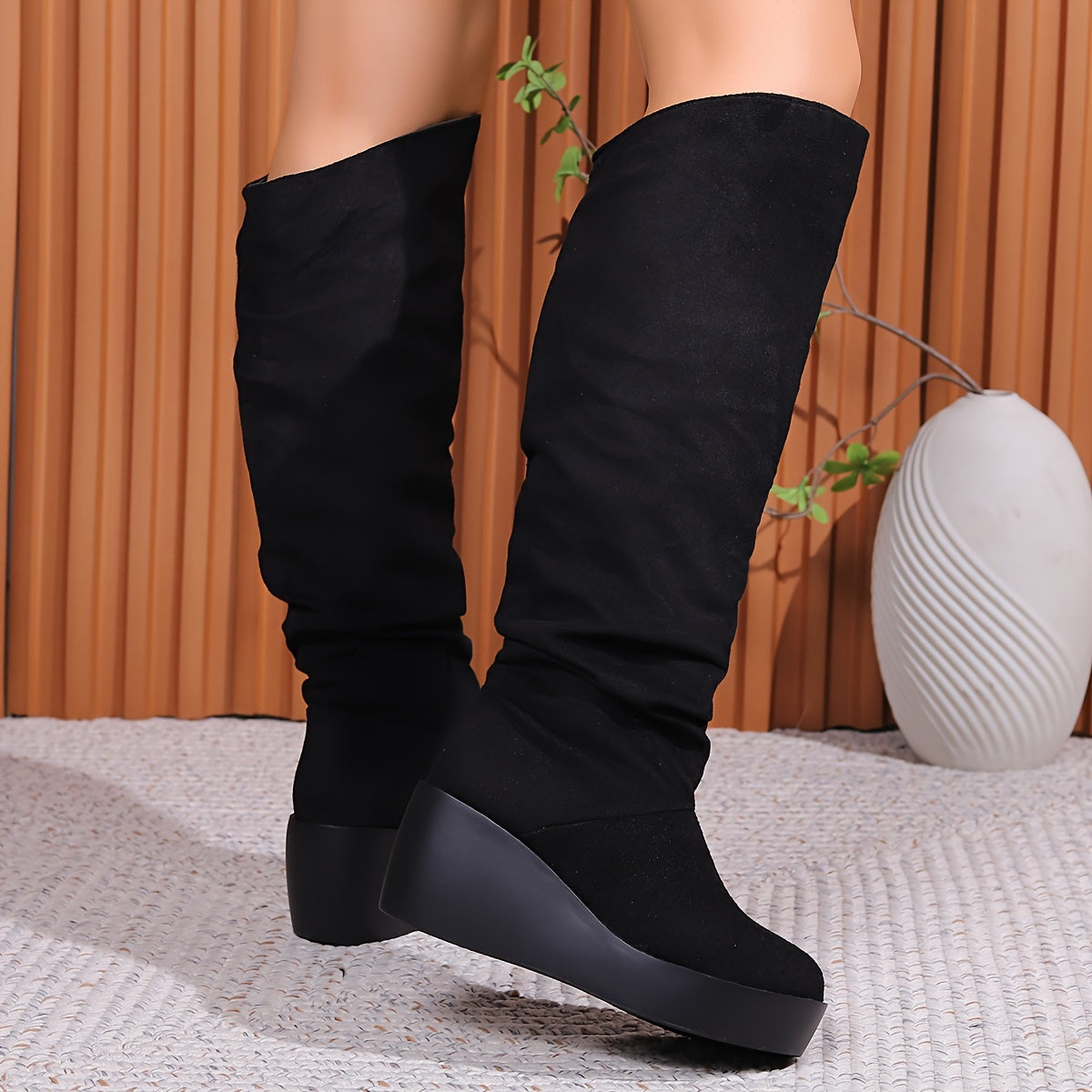 Women's Black Knee-High Wedge Boots with Slip-On Thick Sole