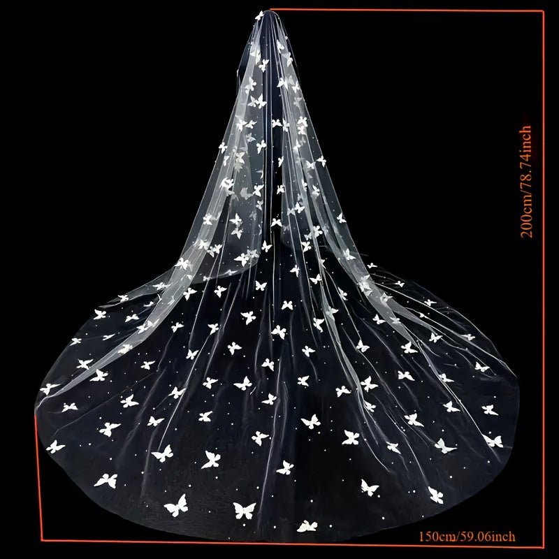 White Bridal Veil with 3D Butterfly Appliques Long Cathedral Tulle Wedding Headpiece