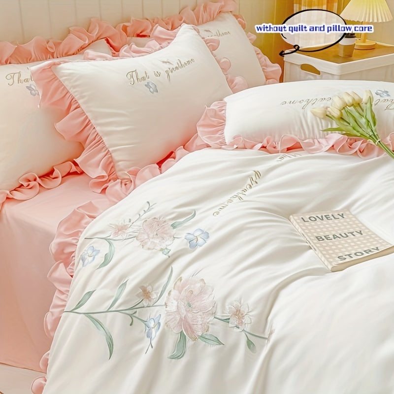 Элегантный вышитый комплект постельного белья с кружевным чехлом на пуховик и наволочками