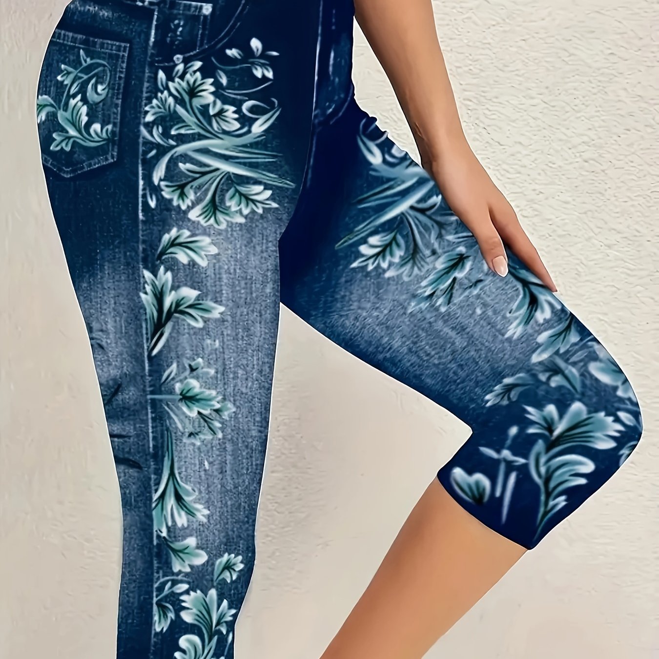 Plus Size Floral Print Capri Leggings Faux Denim Stretchy Casual Summer Women