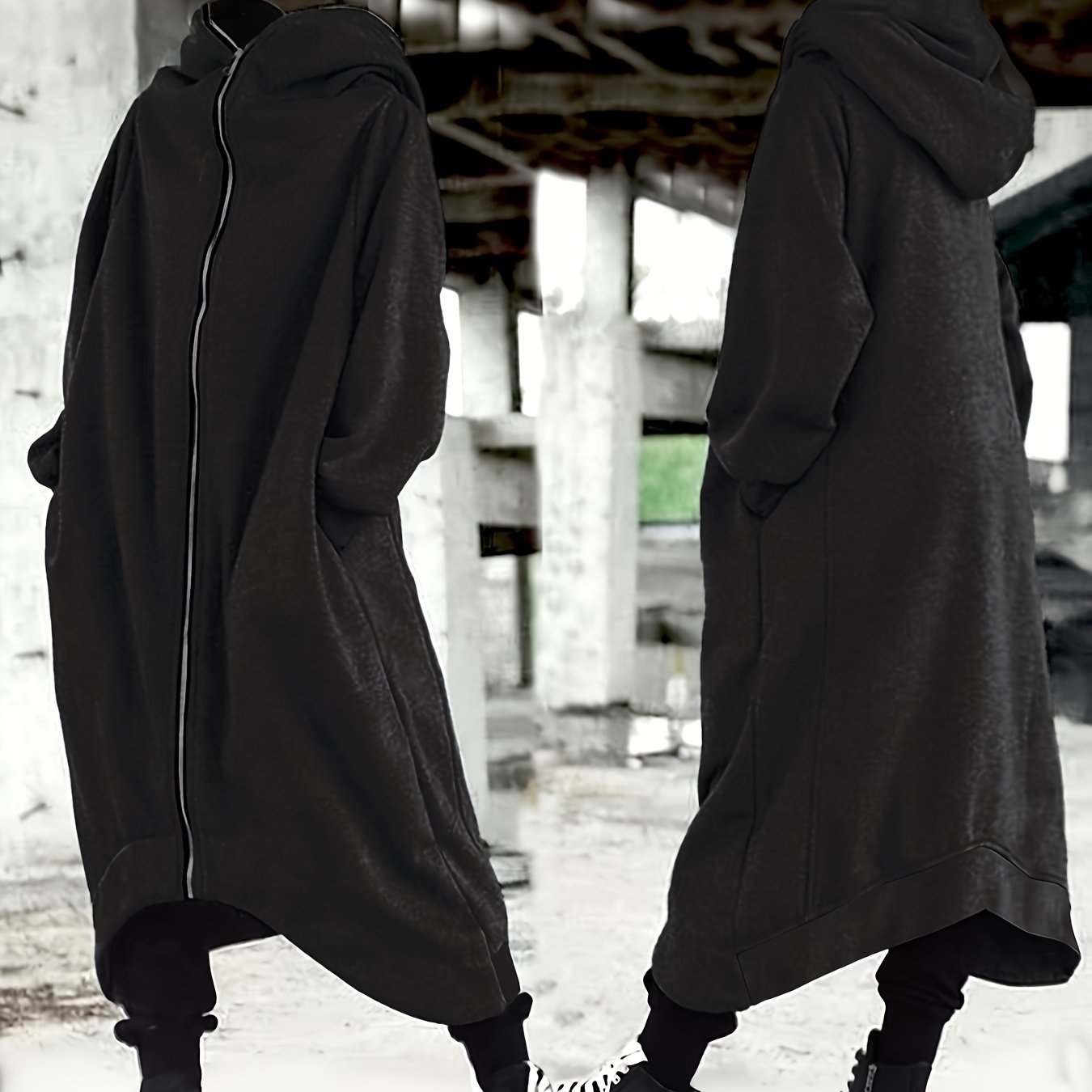 Women's Black Oversized Hoodie with Full Zip and Front Pockets for Fall Winter Casual Style