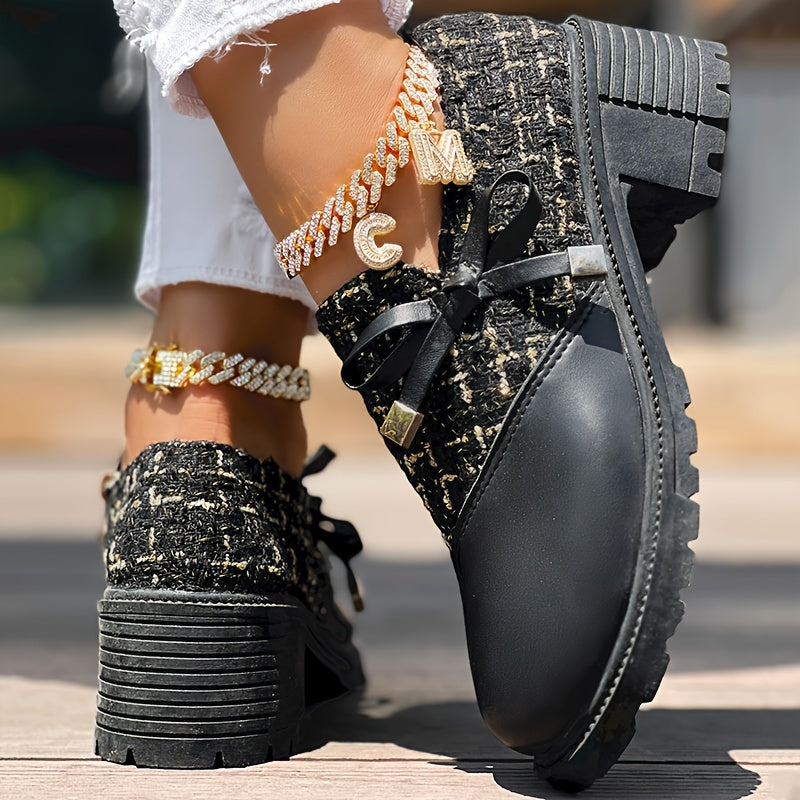 Women's Colorblock Dress Shoes with Bowknot Zipper Chunky Heel