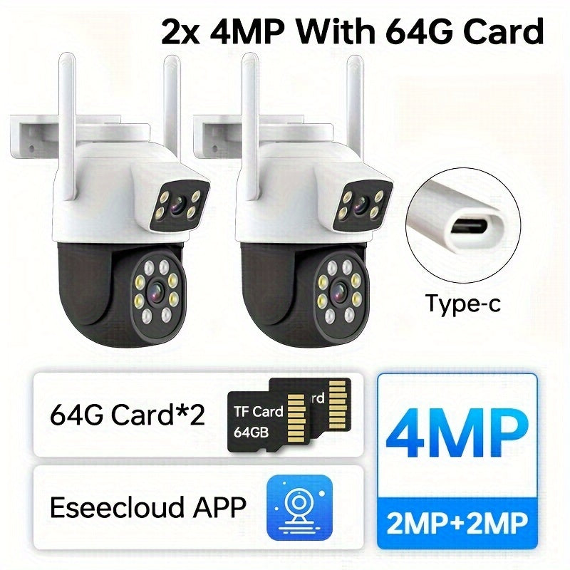 Ikki ta tashqi xavfsizlik kamerasi to'plami, simsiz WiFi IP65 suv o'tkazmaydigan, 360° PTZ kechqurun ko'rish uchun