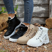 Women's Fleece-Lined Winter Boots High-Top Lace-Up Sneakers Black Beige White