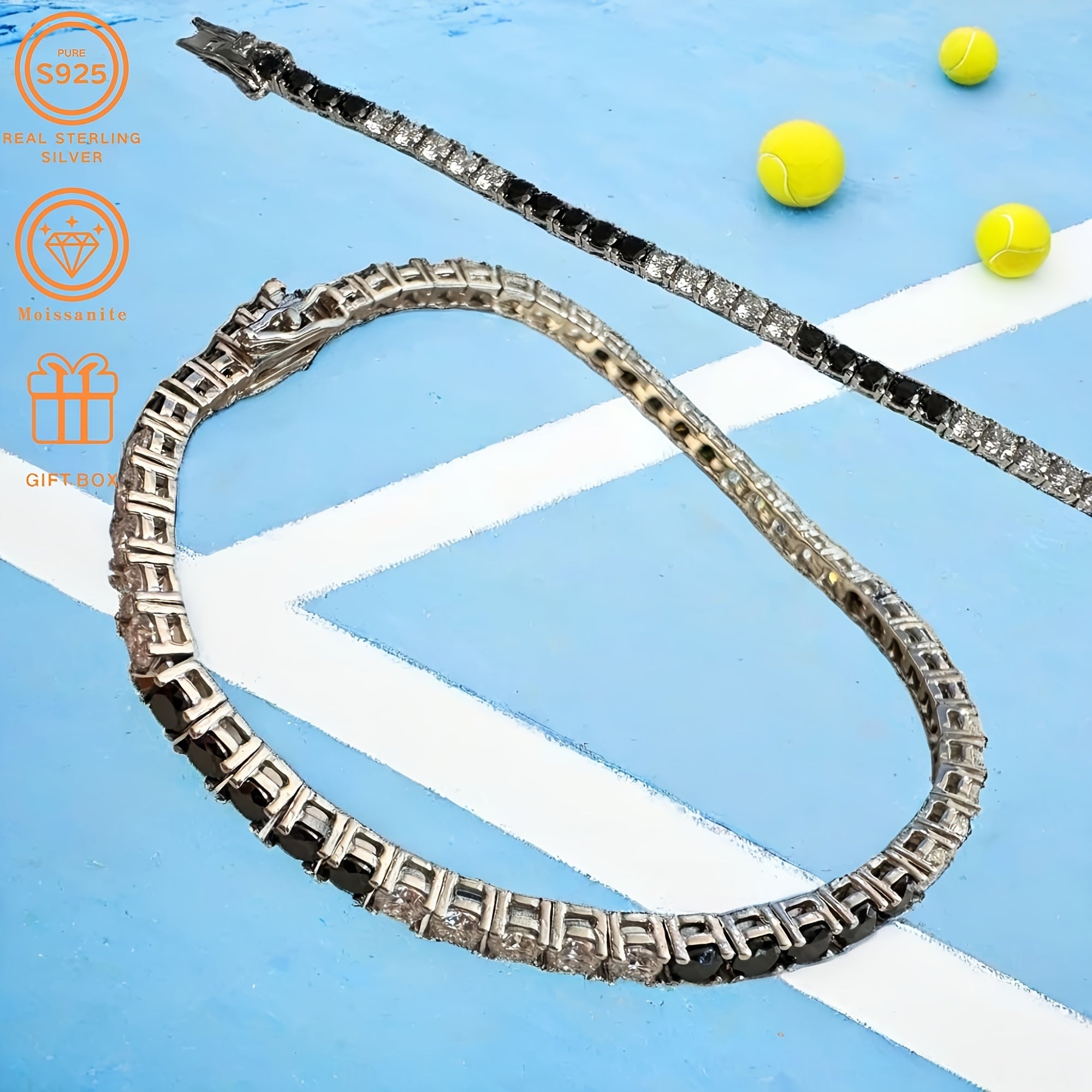 Silver Tennis Bracelet with Moissanite Mosaic Black and White Square Pattern for Women