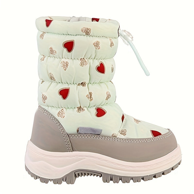 Girls Winter Snow Boots Pink Heart Pattern Fur-Lined Zipper Anti-Slip TPR Sole