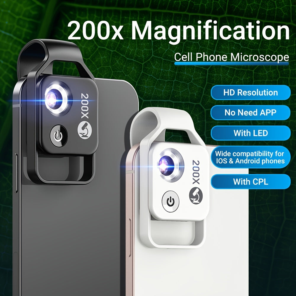 200X Smartphone Microscope Lens with LED Light and CPL Filter for Lab, Jewelry, Exploration