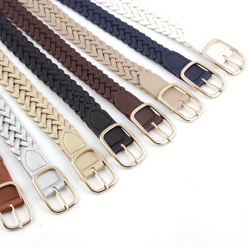 Women’s Woven Leather Belt Square Buckle for Coats and Jeans