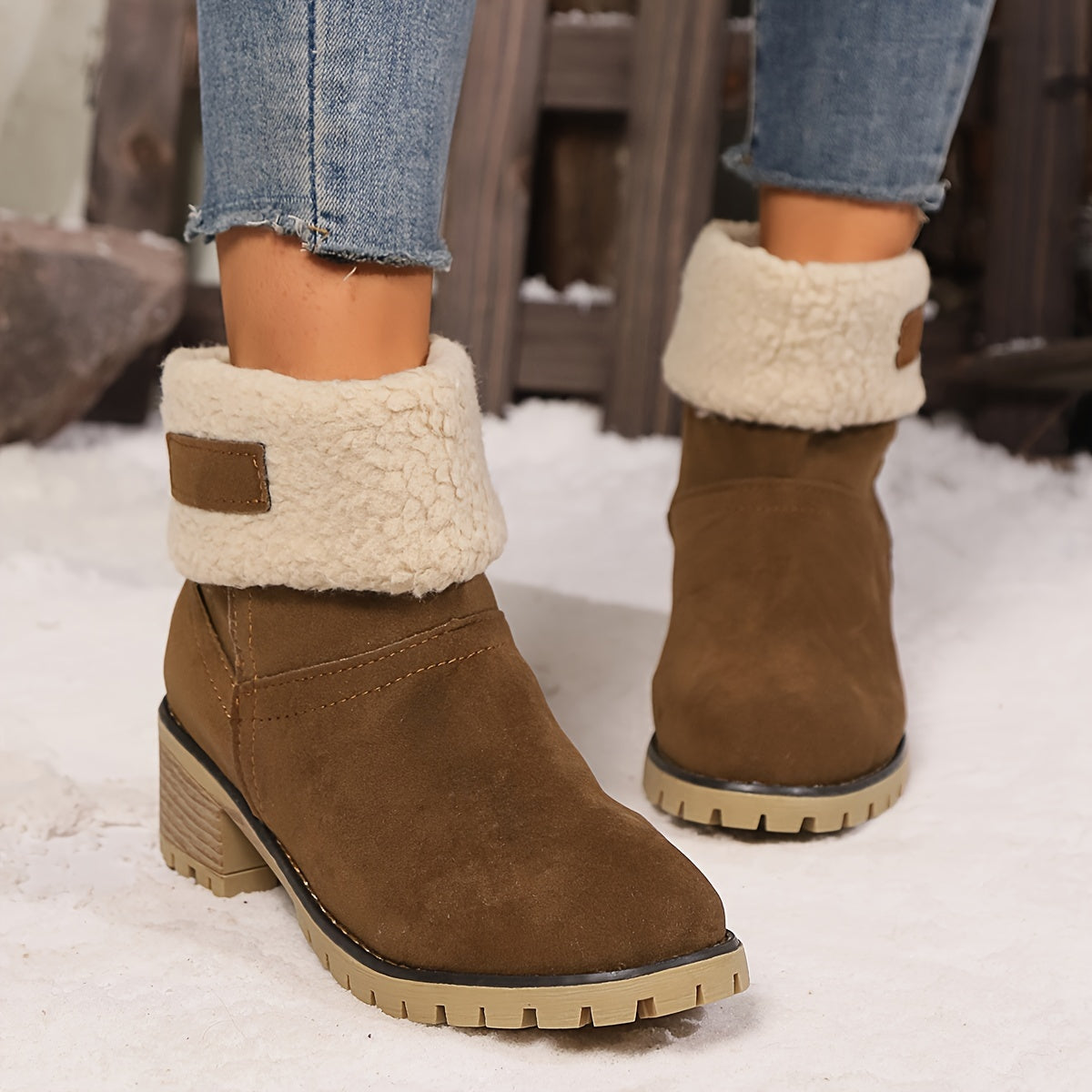Women's Winter Slip-On Chunky Heel Snow Boots with Faux Fur Lining